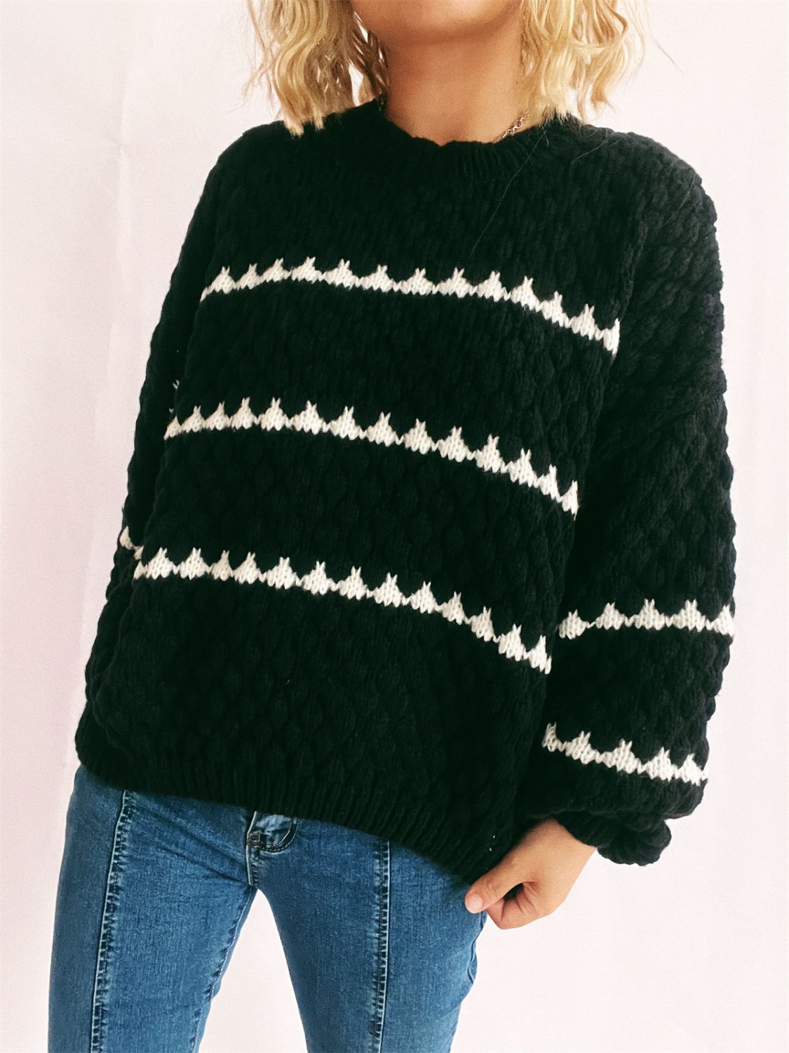 Striped Round Neck Long Sleeve Knit Sweater