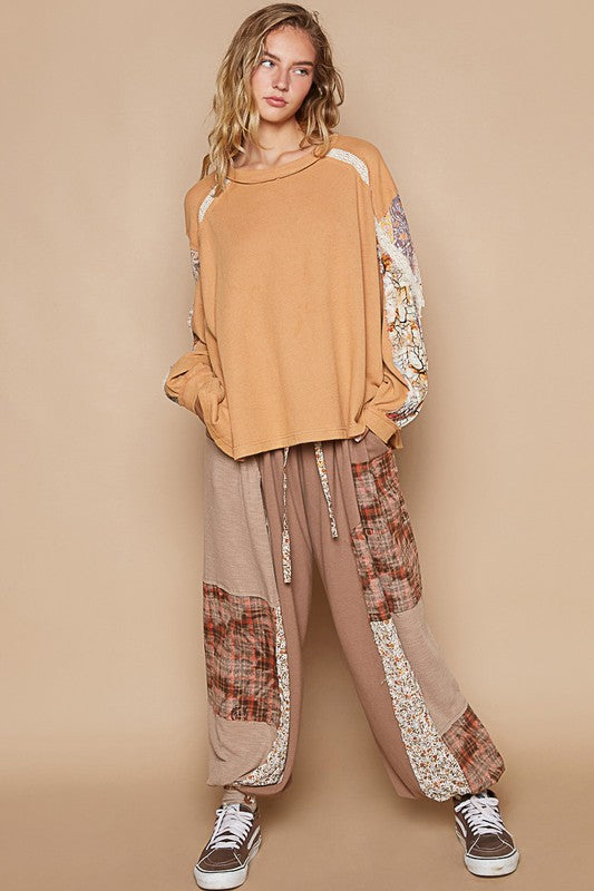 Lace-Accent Waffle-Knit Round Neck Top