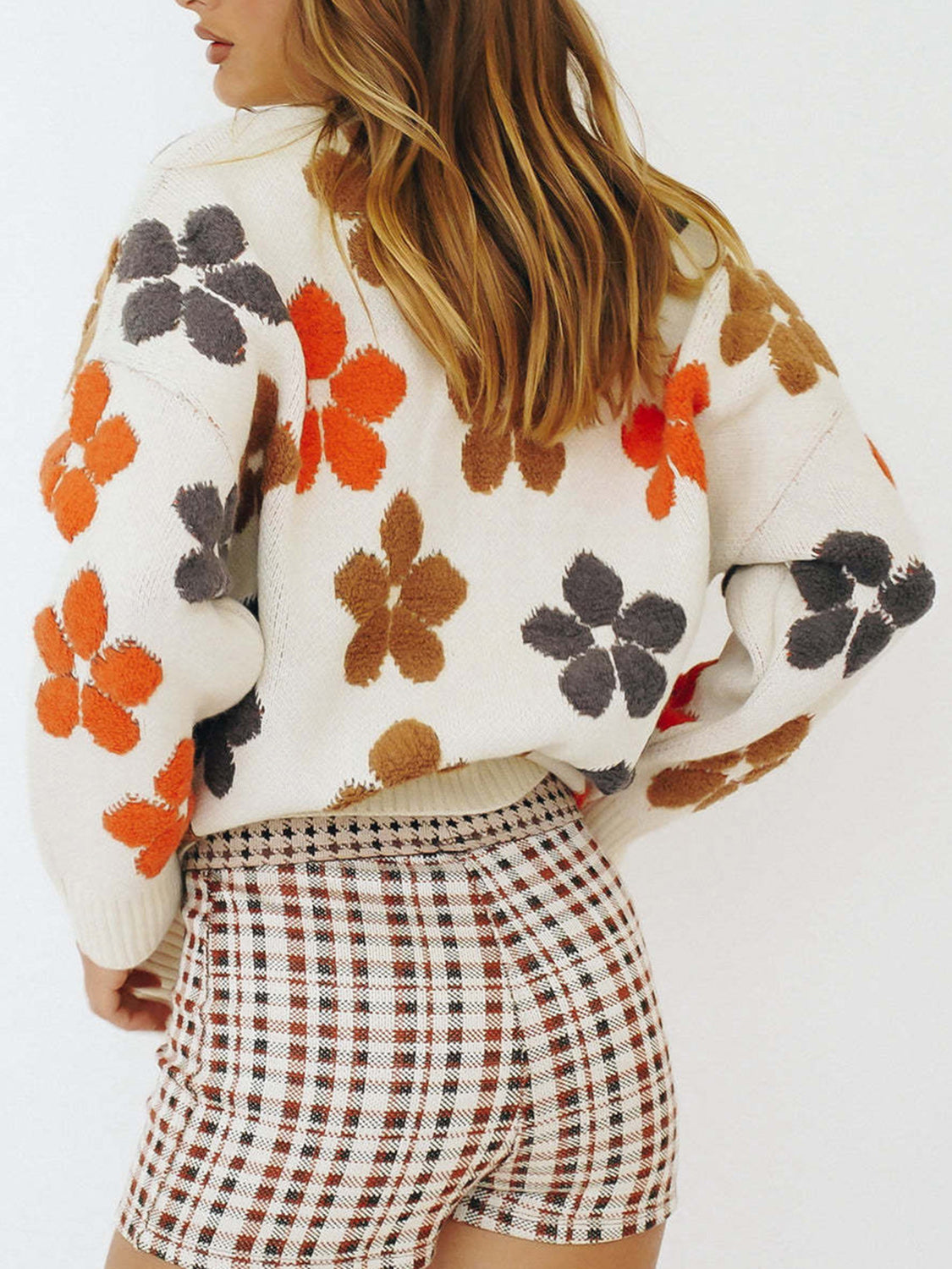 Botanical Print V-Neck Long Sleeve Cardigan with Buttons