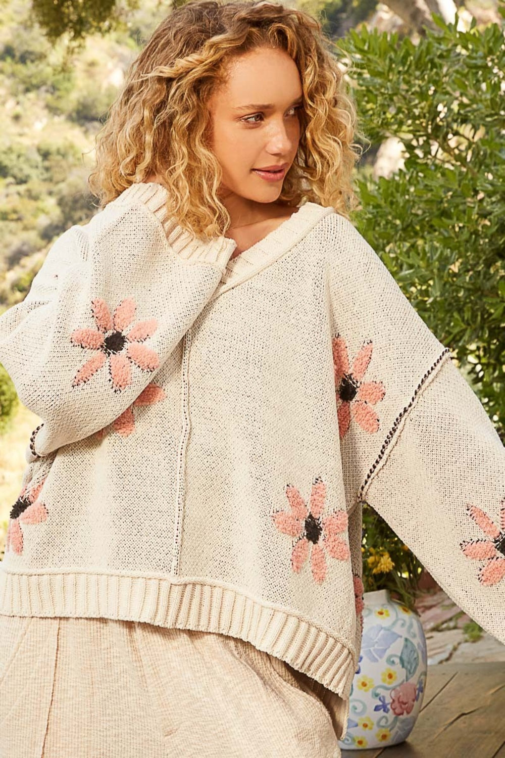 Vibrant V-Neck Chenille Sweater with Floral Accents