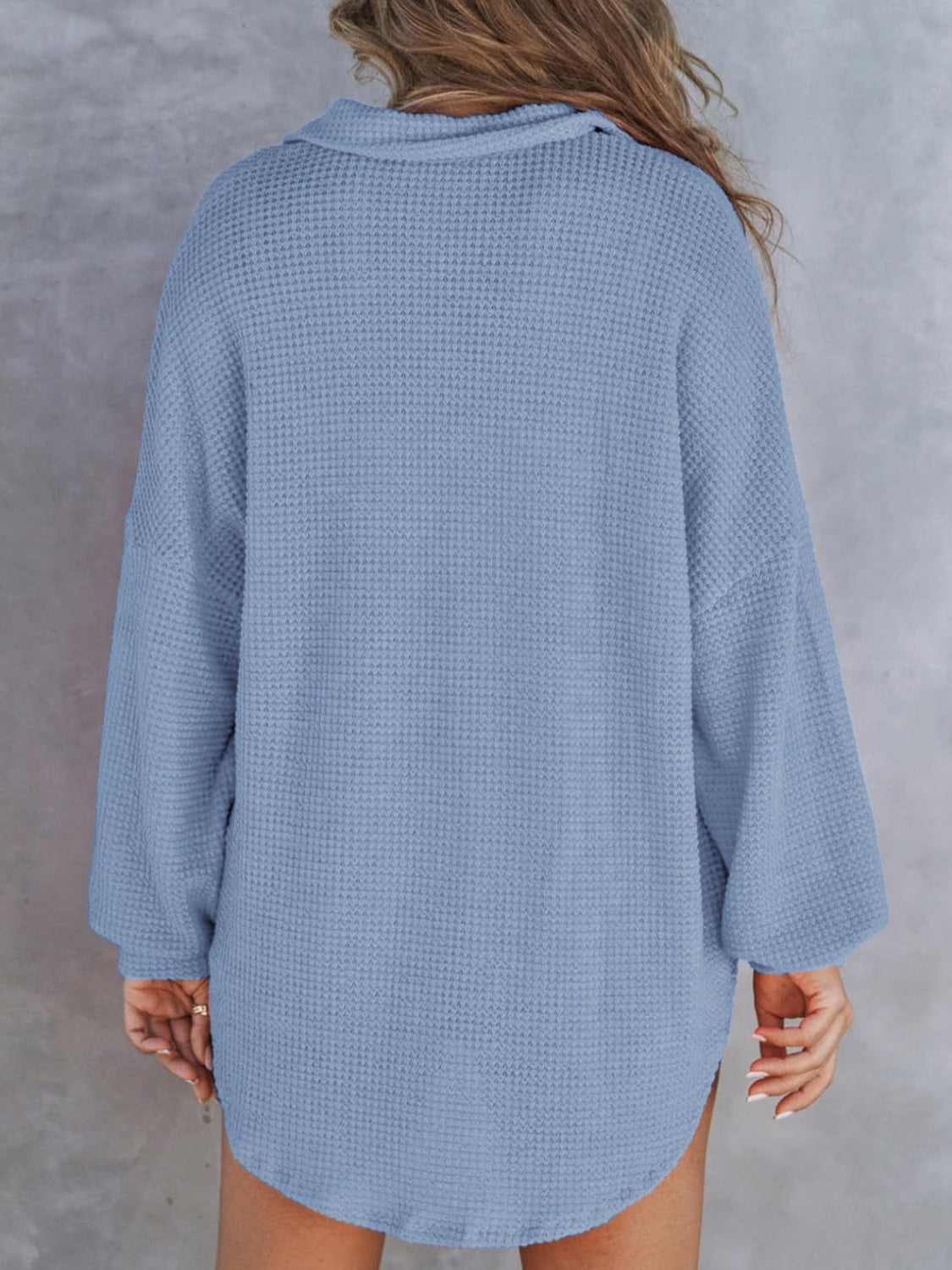 Waffle-Knit Button-Detail Long Sleeve Sweatshirt with Pocket