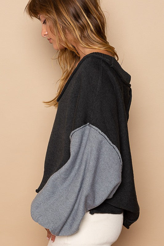 Color Block V Neck Sweater with Exposed Seams and Roll Edge Finish