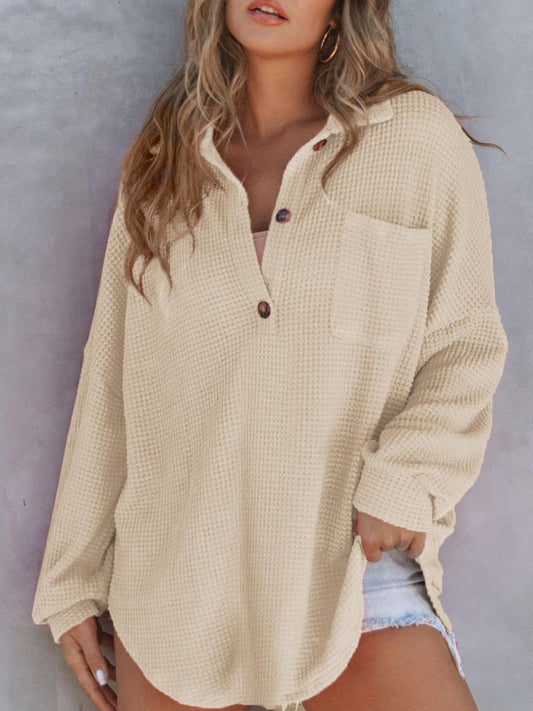 Waffle-Knit Button-Detail Long Sleeve Sweatshirt with Pocket