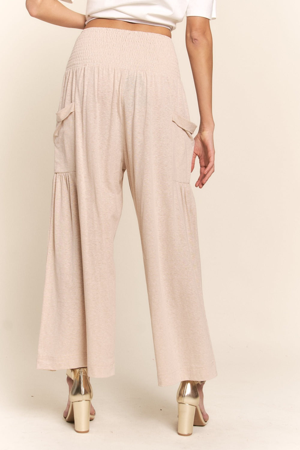 Bohemian Chic Wide Leg Pants with Smocked Waist and Pockets