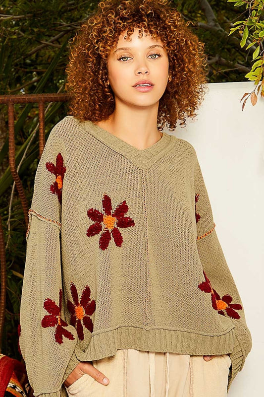 Chic V-Neck Chenille Sweater with Floral Berber Print