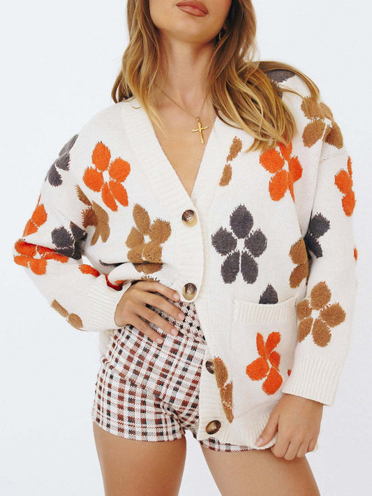 Botanical Print V-Neck Long Sleeve Cardigan with Buttons