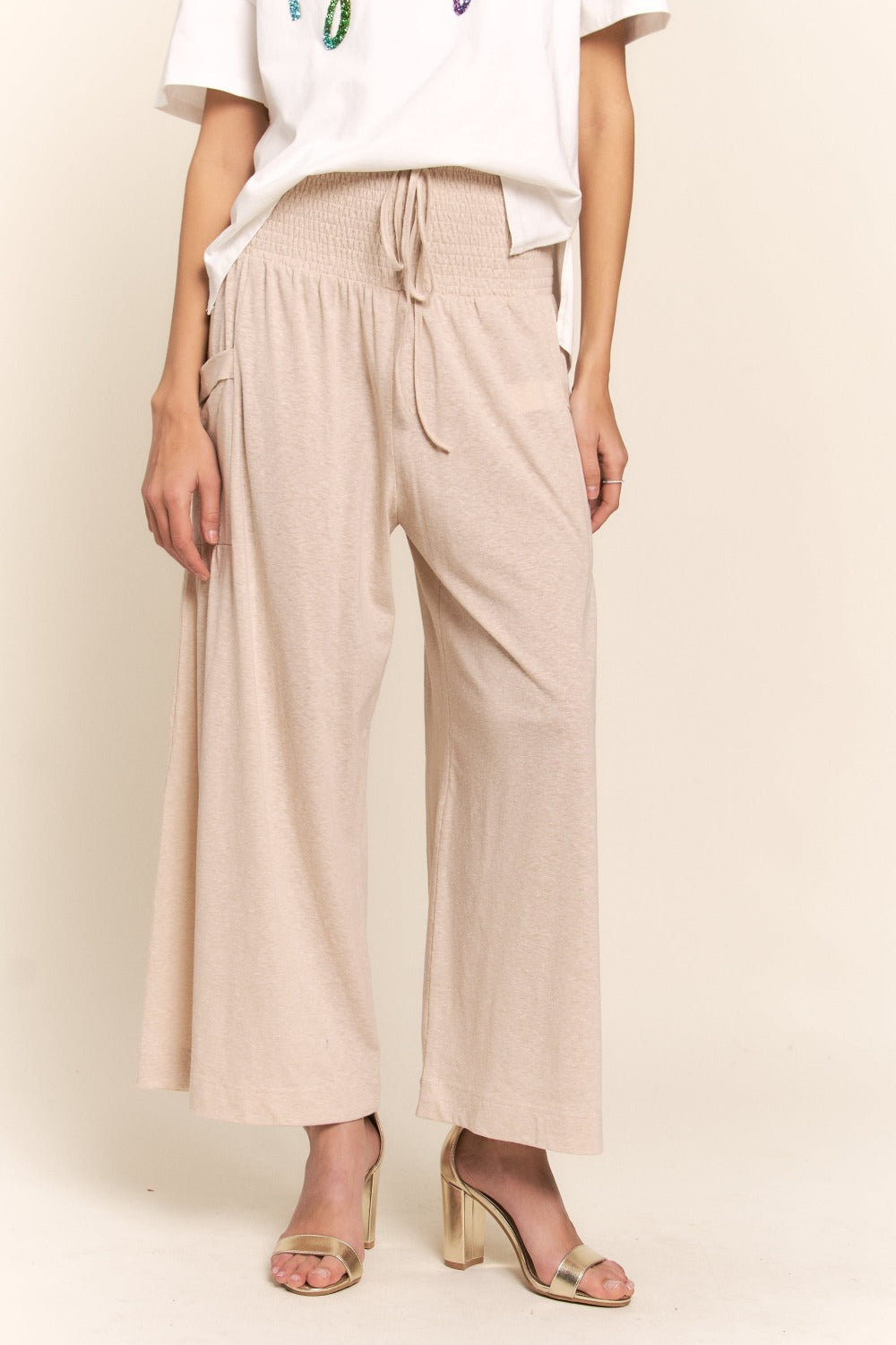 Bohemian Chic Wide Leg Pants with Smocked Waist and Pockets