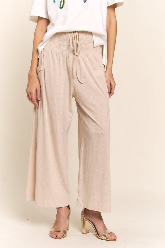 Bohemian Chic Wide Leg Pants with Smocked Waist and Pockets