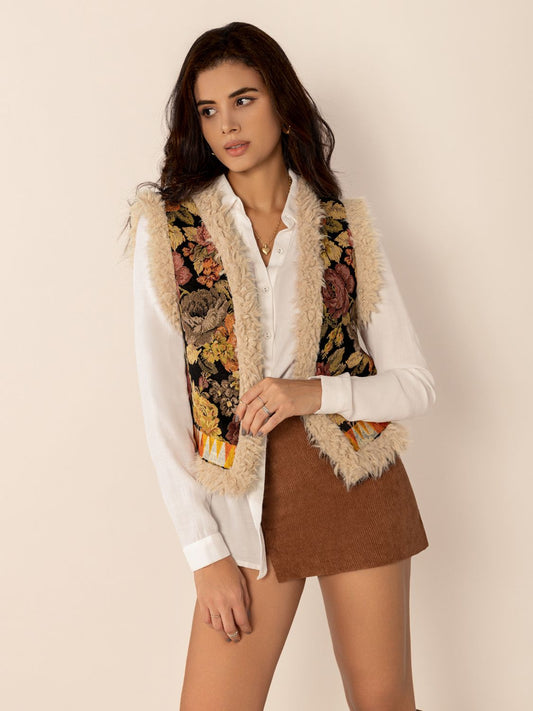 Embroidered Fuzzy Trim Open Front Vest Coat