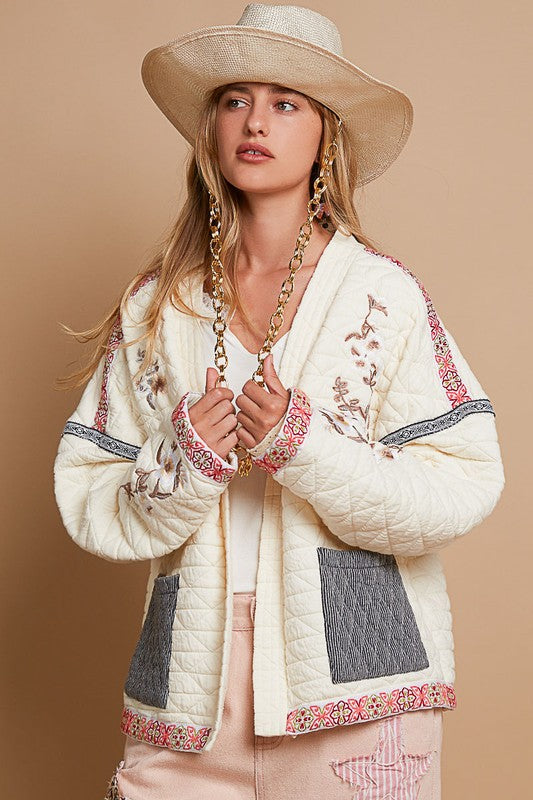 Embroidered Open Front Long Sleeve Chic Jacket