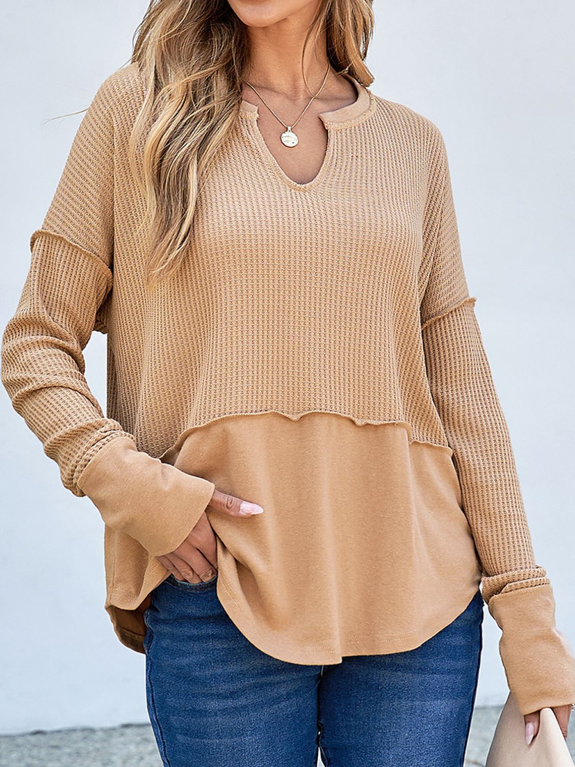 Notched Long Sleeve Waffle-Knit Tee