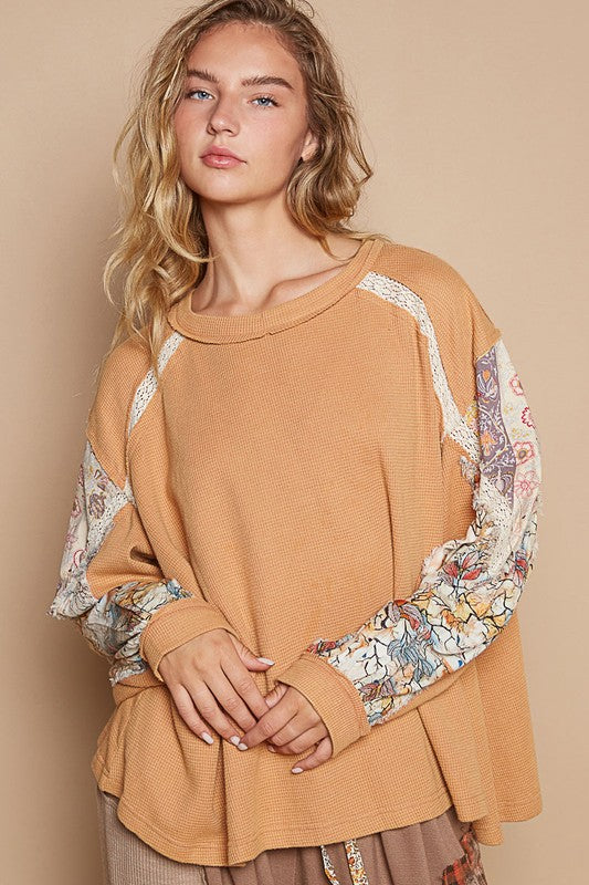 Lace-Accent Waffle-Knit Round Neck Top