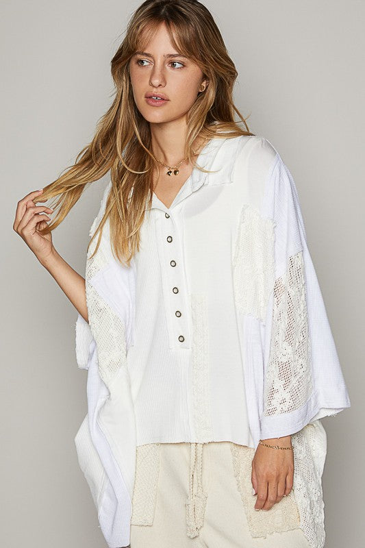 Bohemian Crochet Patchwork Frayed Half-Button Knit Top