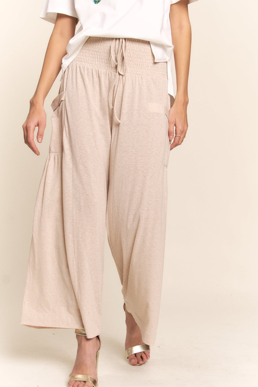 Bohemian Chic Wide Leg Pants with Smocked Waist and Pockets