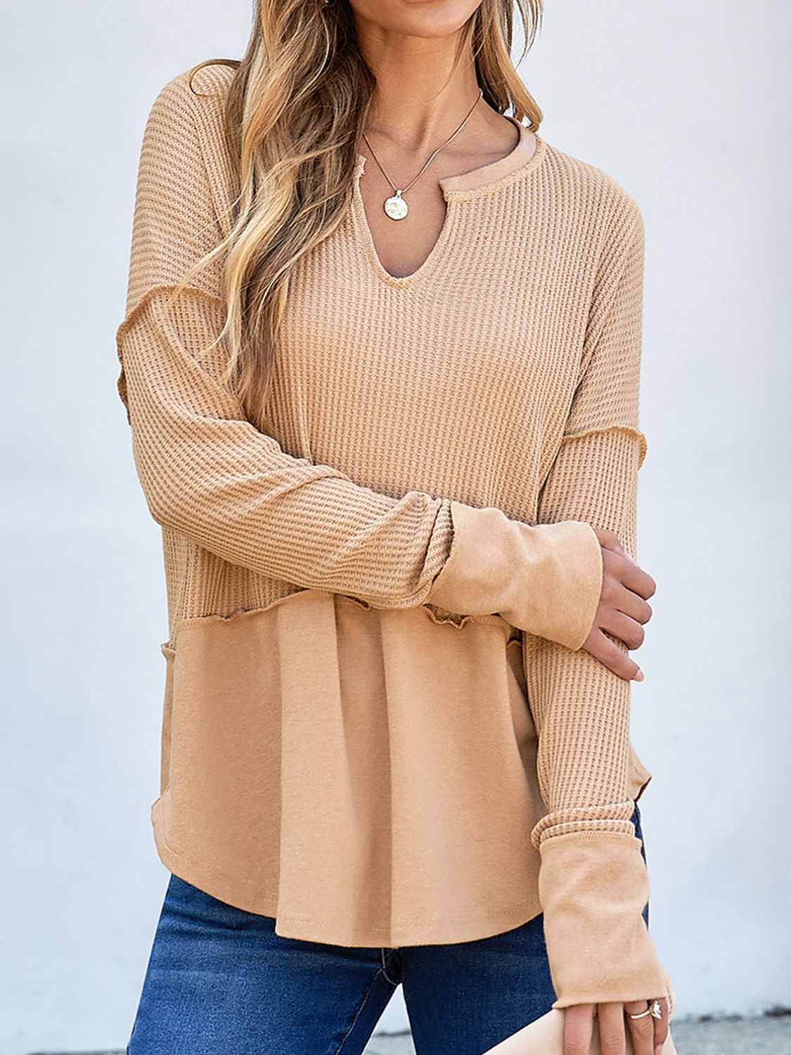 Notched Long Sleeve Waffle-Knit Tee