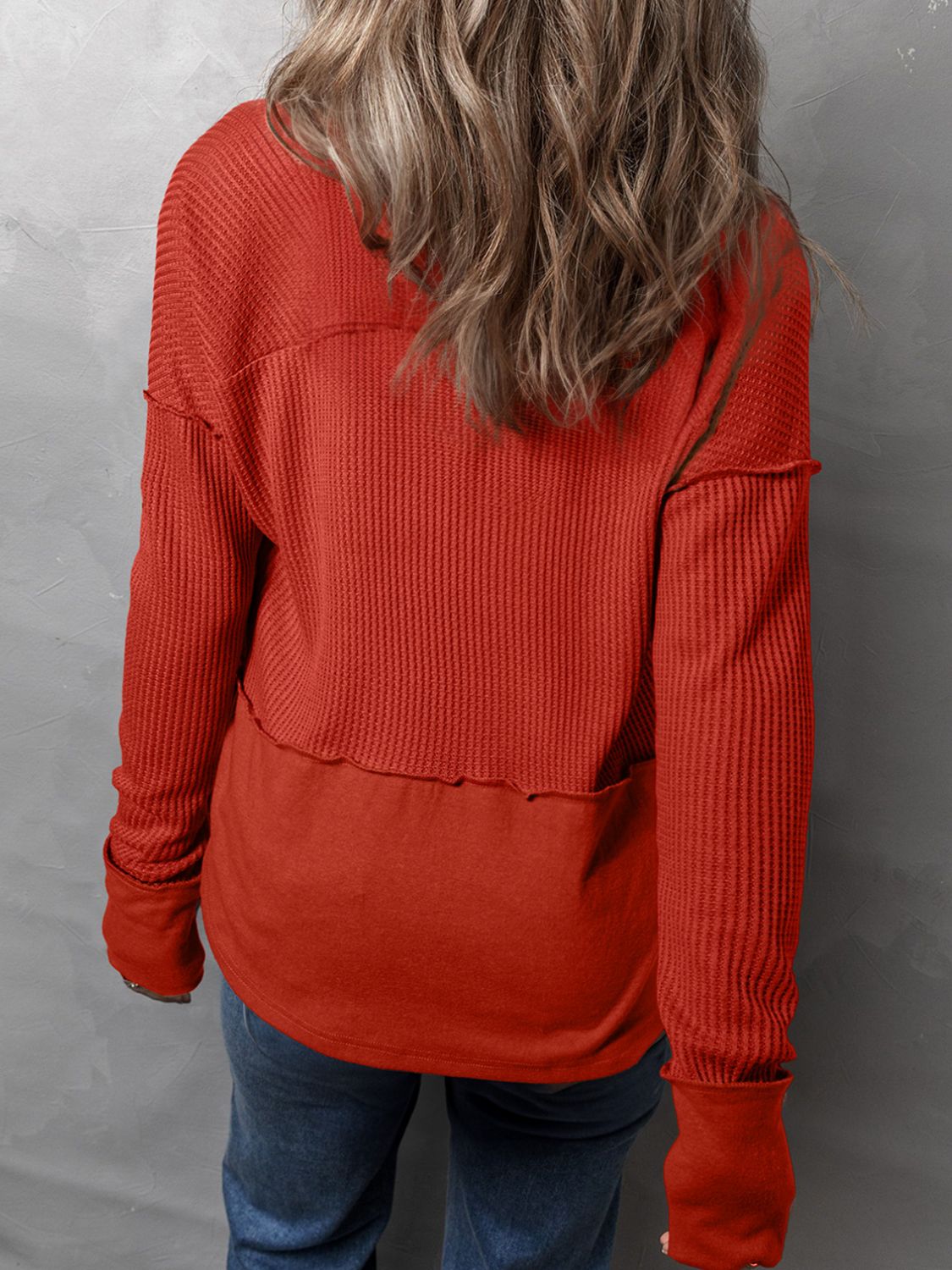 Notched Long Sleeve Waffle-Knit Tee