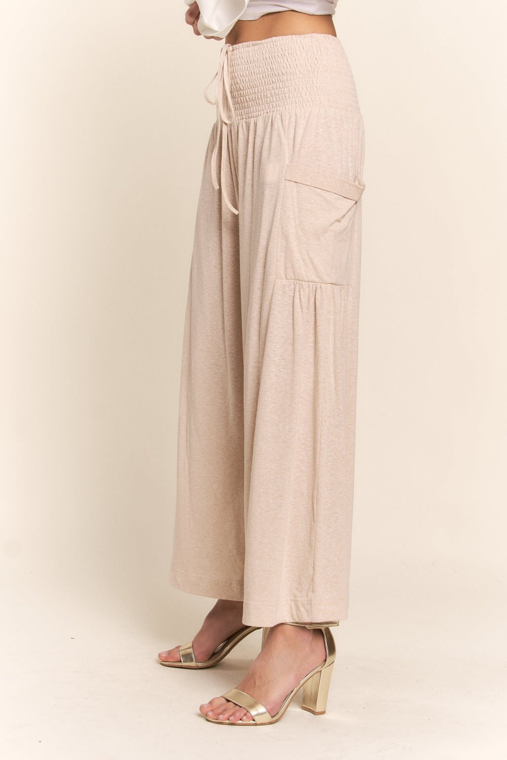 Bohemian Chic Wide Leg Pants with Smocked Waist and Pockets