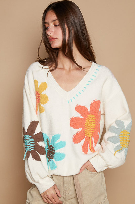 Floral Fringe V-Neck Long Sleeve Knit Sweater