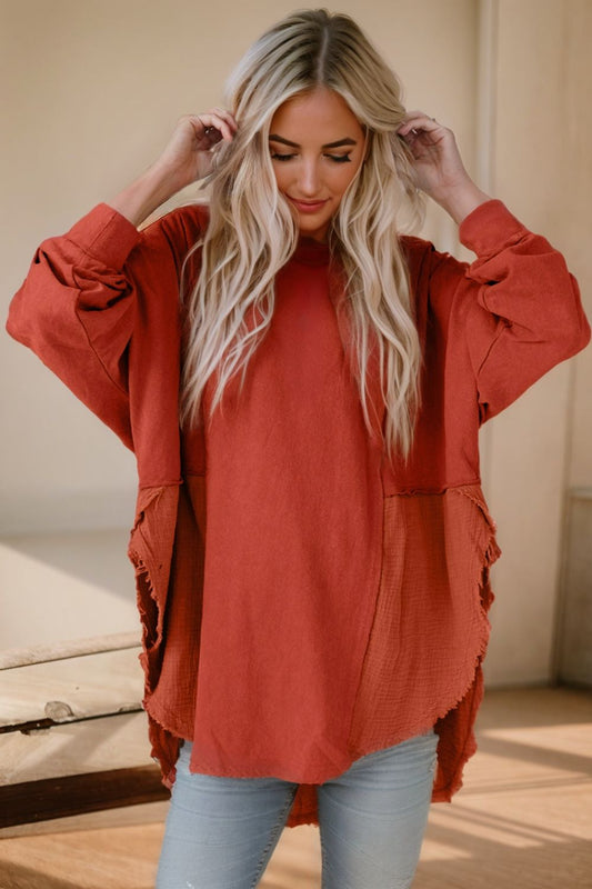 Textured Contrast Long Sleeve Round Neck Top