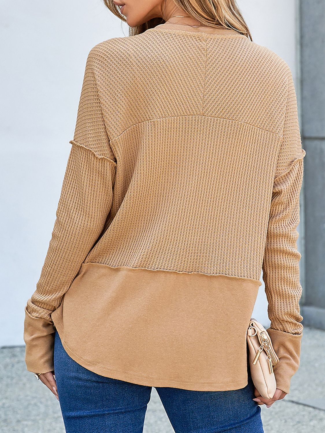 Notched Long Sleeve Waffle-Knit Tee