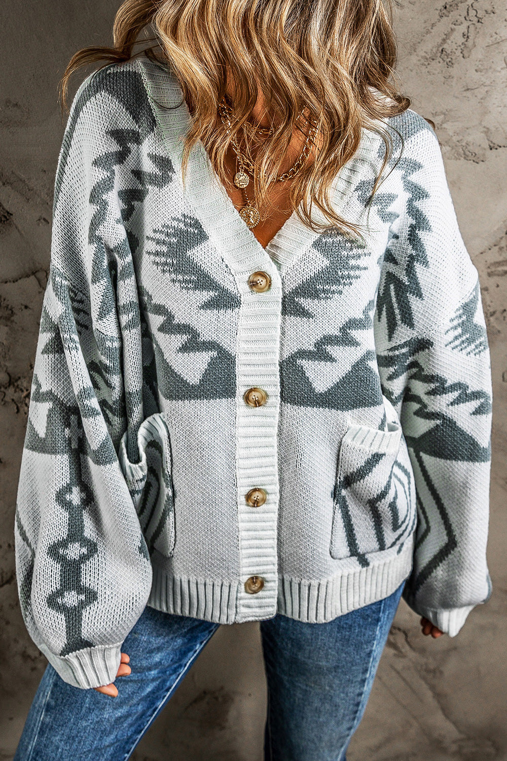 Printed V-Neck Long Sleeve Cardigan with Pockets