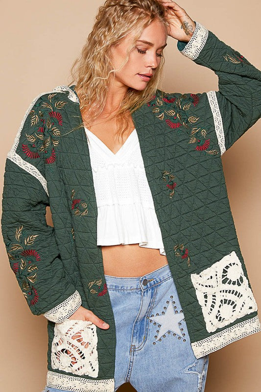 Chic Embroidered Open Front Quilted Jacket with Crochet Detail Pockets