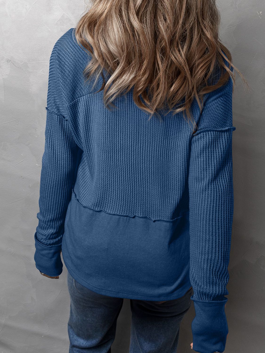 Notched Long Sleeve Waffle-Knit Tee