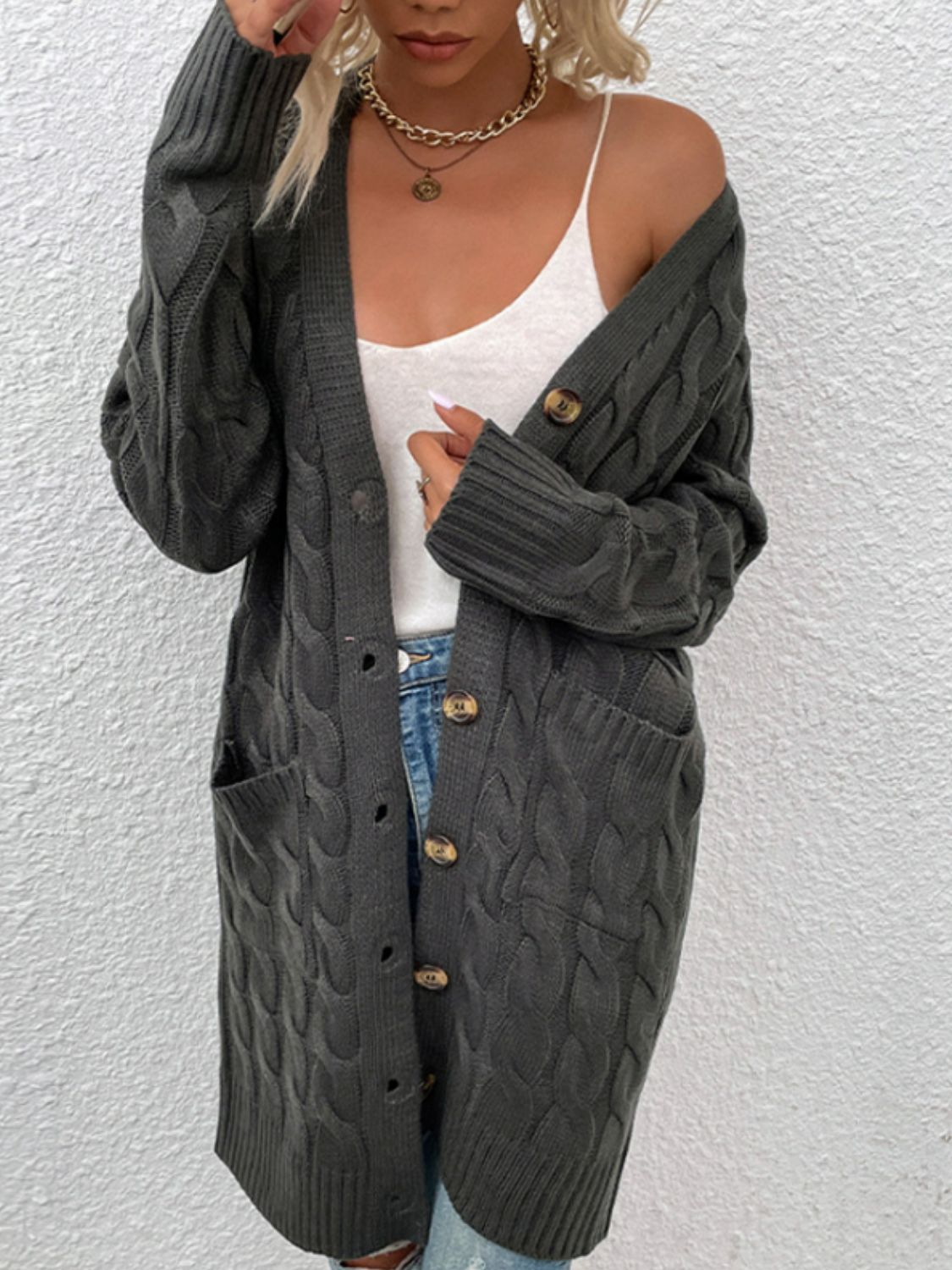 Cozy Cable Knit Cardigan with Button Closure and Pockets