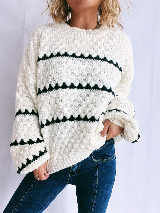 Striped Round Neck Long Sleeve Knit Sweater