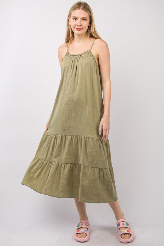 Comfy Cotton Gauze Ruffled A-Line Midi Dress